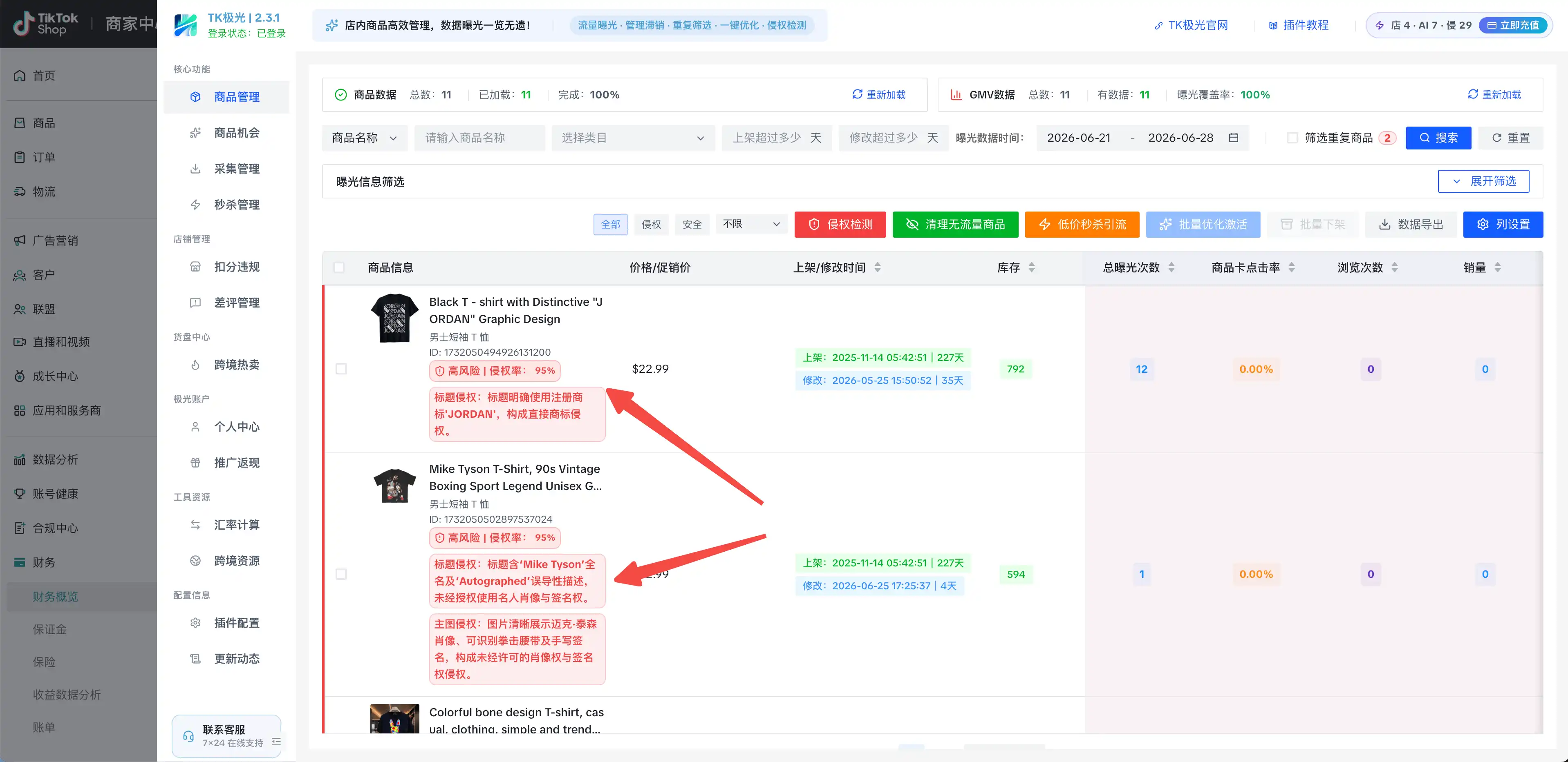 TK极光商品合规与侵权风险检测界面